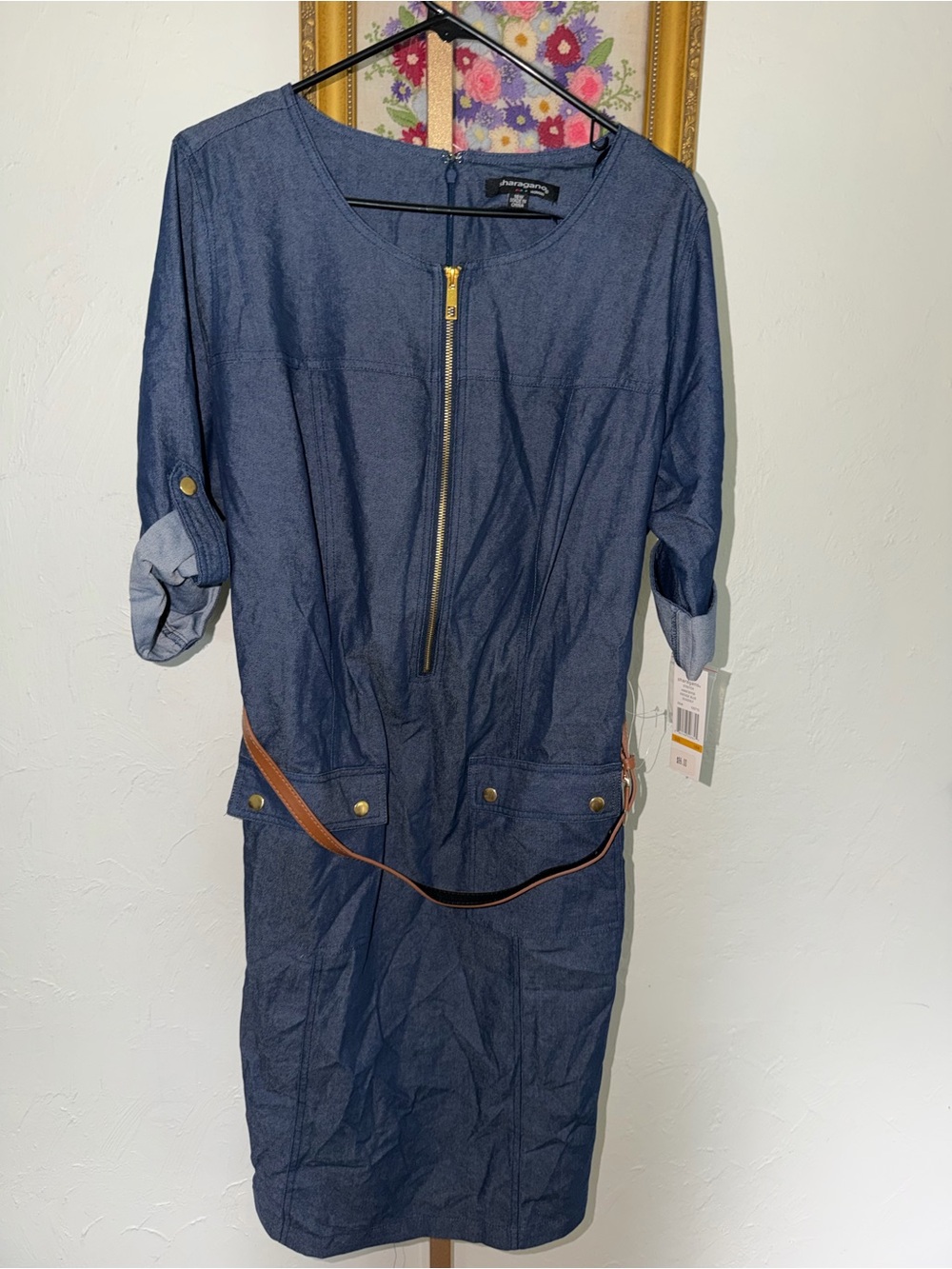 Sharagano Navy Denim-Style Midi Dress with Gold Zip and Brown Belt